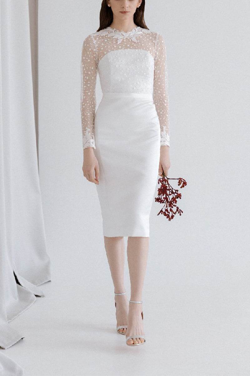 Sheath-Column Tea Length Lace Satin Little White Dress 100002 - COCOMELODY